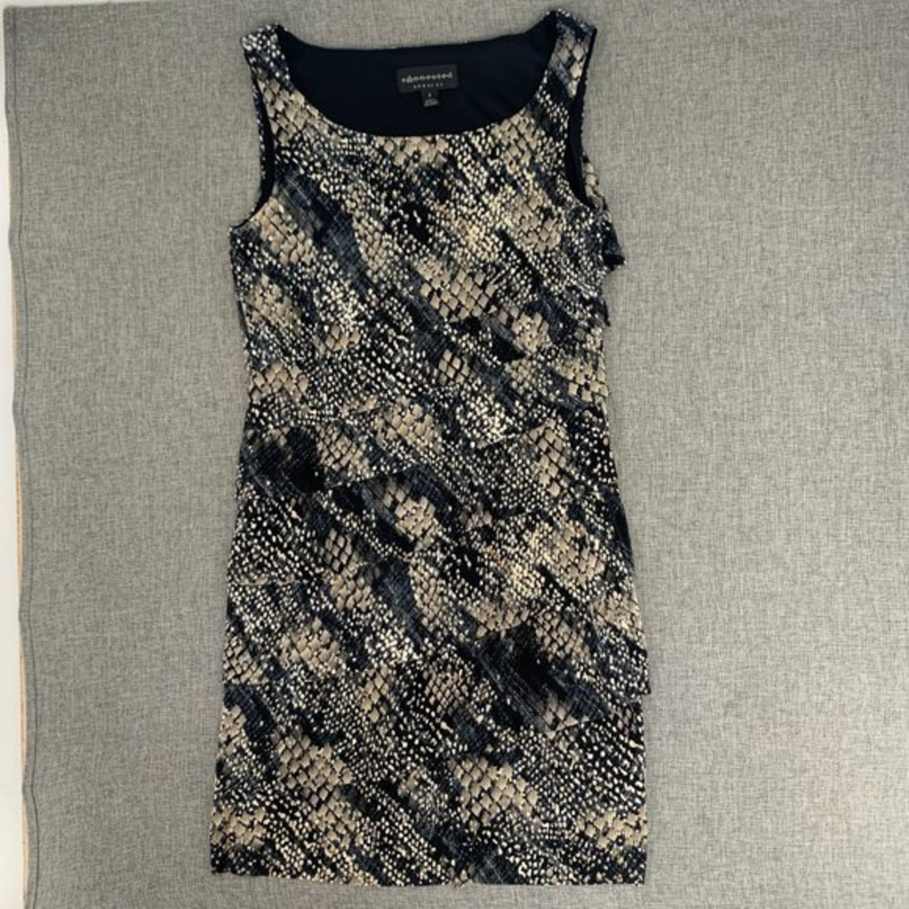 Connected‎ Apparel Tiered Accordion Evening Dress Sz 6 Tan Black Gray Sleeveless